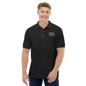 Business Polo - Front design with company details on Mens embroidered polo shirt