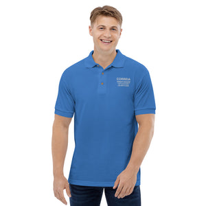 Business Polo - Front design with company details on Mens embroidered polo shirt