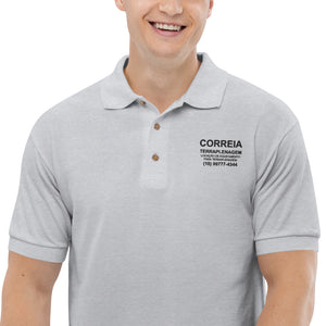 Business Polo - Front design with company details on Mens embroidered polo shirt