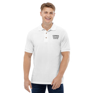 Business Polo - Design frontal com detalhes da empresa na camisa polo masculina bordada